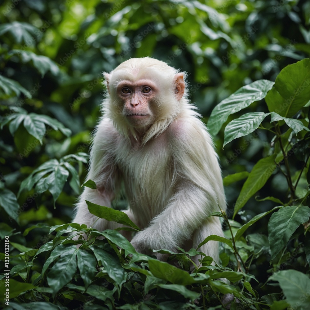 Fototapeta premium A rare albino monkey standing out among vibrant green leaves