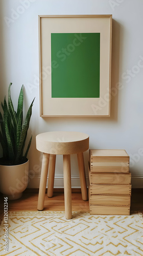 Minimalist Home Decor  Green Abstract Art Framed  Wooden Stool  and Stacked Wooden Boxes on a Rug