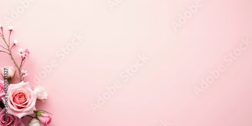 Greeting, invitation, celebration wedding card. Roses bouquet floral light pink background with copy space