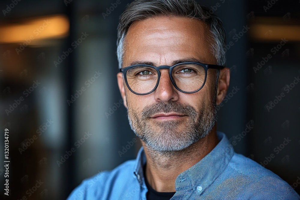 Professional Portrait of Confident Middle-Aged Man in Glasses in Modern Office Setting Professional Portrait of Confident Middle-Aged Man in Glasses in Modern Office Setting