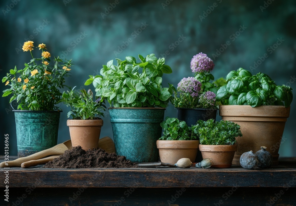 Fototapeta premium gardening tools potted plants earthy soil rustic still life vintage style garden accessories