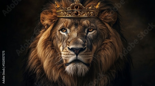 Majestic Lion King  Regal Crown  Spiritual Symbol. Powerful  majestic lion wearing a golden crown  representing strength  royalty  and faith. Ideal   