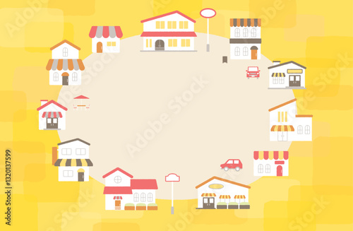 町並み・商店街のフレームベクターイラスト 街並み ショップ お店 レストラン ファミレス