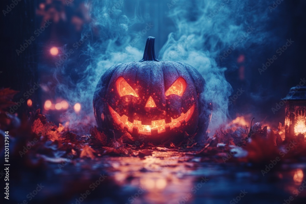 Fototapeta premium Glowing Pumpkin Still Life with Ethereal Smoke and Autumn Leaves for Halloween Decoration