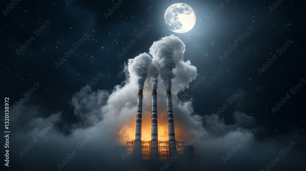 Fototapeta premium Night View of Industrial Smokestacks Emitting High Smoke Plumes