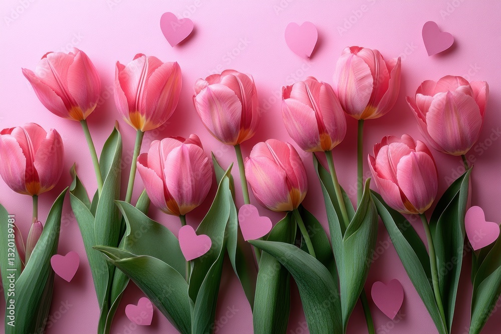 Romantic Flat Lay with Pink Tulips and Hearts on Pastel Pink Background Romantic Flat Lay with Pink Tulips and Hearts on Pastel Pink Background