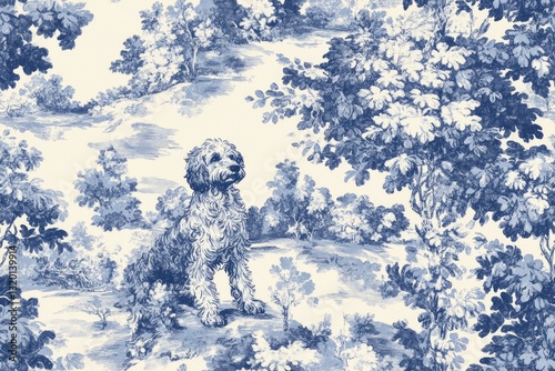 A blue and white illustration of a dog in a park scene