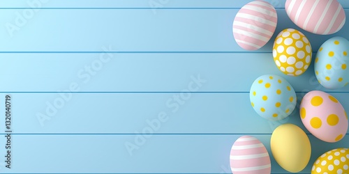 Pastel Easter Eggs on Light Blue Wood Background