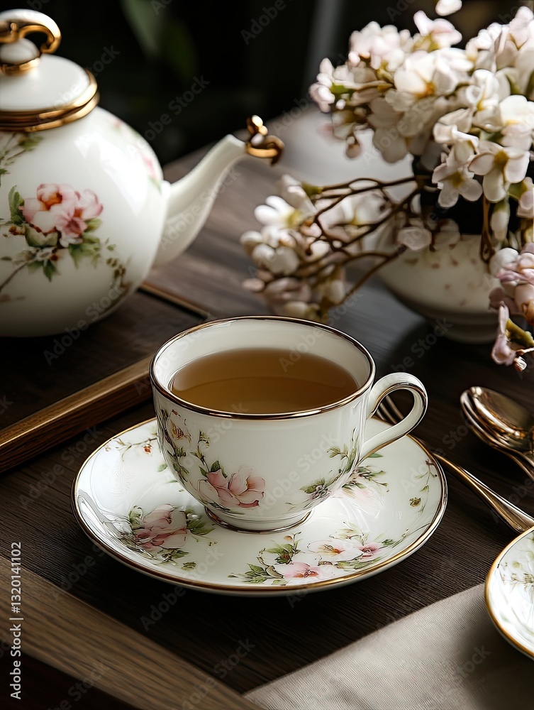 Fototapeta premium Elegant floral teacup and teapot arrangement evokes a sense of refined luxury