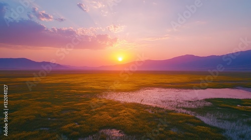 Serene Sunset Over Flower Field and Wetlands with Distant Mountains