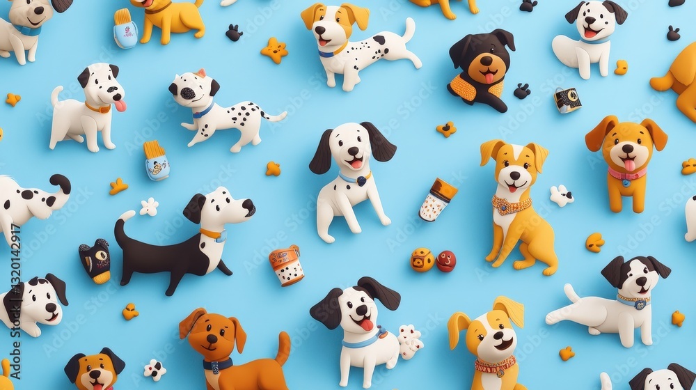 Playful Puppies: A vibrant collection of cute and diverse puppy figurines, each uniquely designed, arranged on a bright blue surface. Playful Puppies: A vibrant collection of cute and diverse puppy figurines, each uniquely designed, arranged on a bright blue surface.