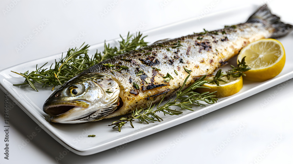Close-Up Side View of Grilled Cedar Plank Trout Garnished with Lemon and Fresh Herbs Close-Up Side View of Grilled Cedar Plank Trout Garnished with Lemon and Fresh Herbs