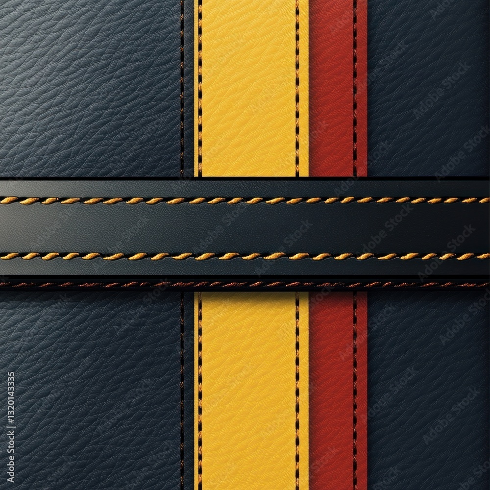 Dark leather texture with yellow and red stripes and stitched black band. Dark leather texture with yellow and red stripes and stitched black band.