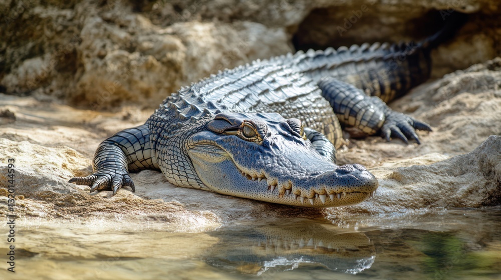 Fototapeta premium Crocodile basking in sun on rocky shore