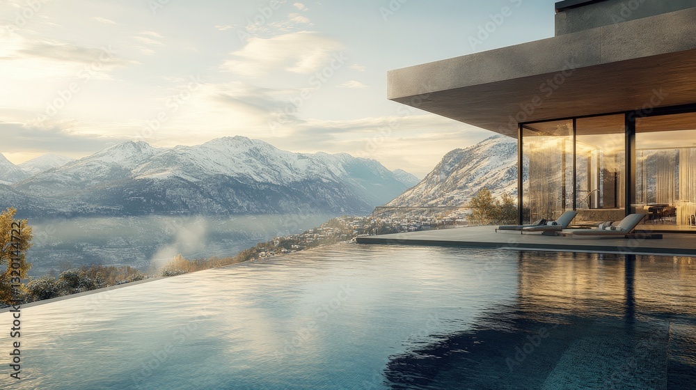Modern Lakeside Villa: A contemporary villa with an infinity pool merges seamlessly with a breathtaking mountain range, offering a sense of serenity. The scene embodies luxury and peaceful escape.