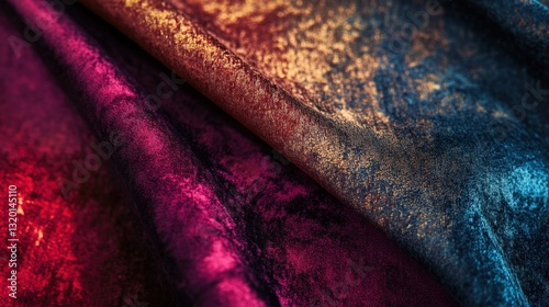 Color Gradient Fabric:  An abstract close-up of multi-colored velvet fabric, the folds and textures creating a rich, artistic pattern with a subtle, textured effect. 