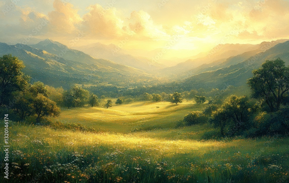 Obraz premium Serene Mountain Landscape with Morning Fog and Golden Sunrise Over Gentle Hills and Vibrant Grass