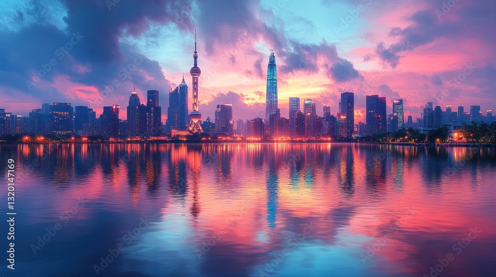Obraz premium Shanghai Skyline Reflecting in Pink and Blue Dawn