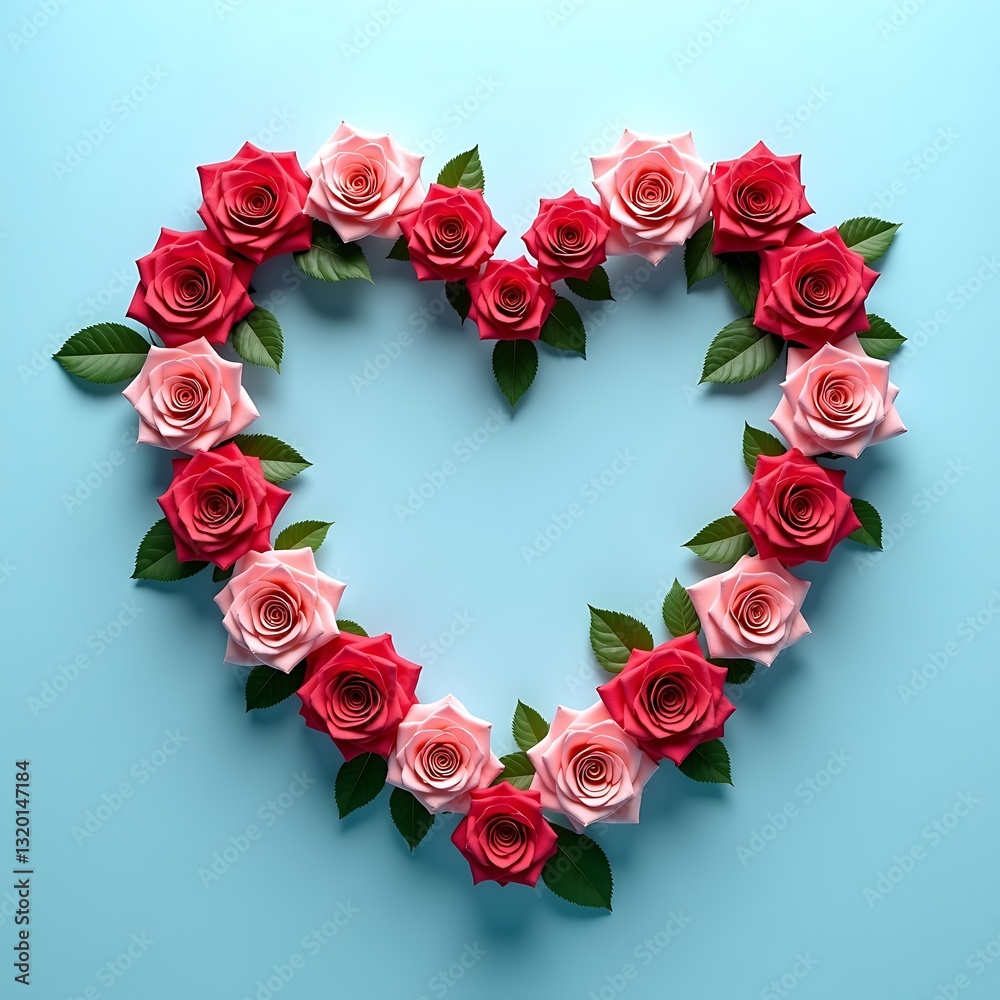 rose heart arrangement with text space on soft blue, top-down view rose heart arrangement with text space on soft blue, top-down view