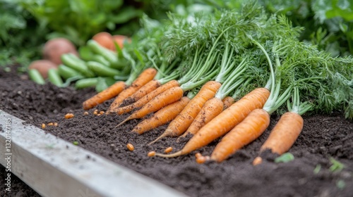 Close-up of a rustic, raised wooden garden bed brimming with rich, freshly turned earth. A petite, sunlit patch enhances its warmth and vibrancy photo