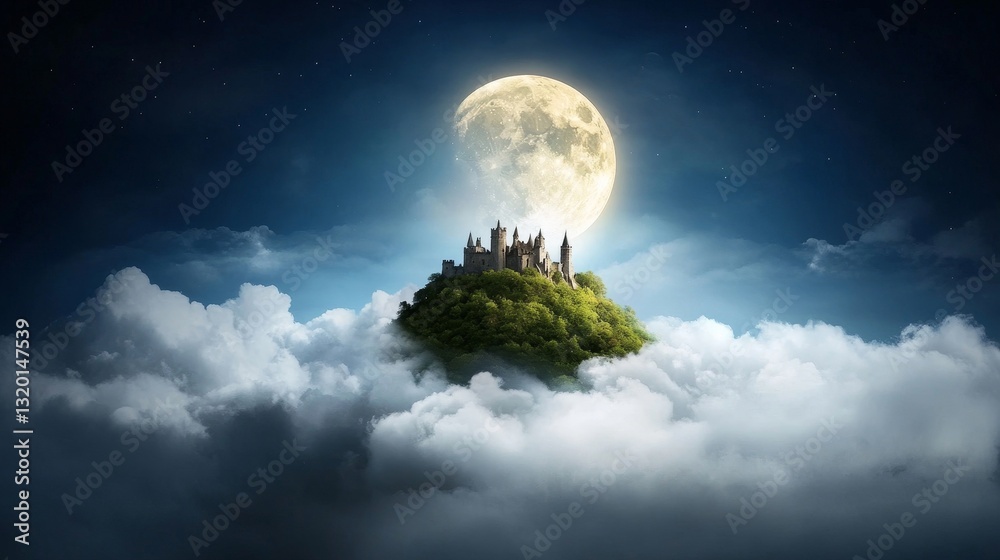 Fototapeta premium Enchanted Castle on a Cloudy Island Under a Glowing Moon