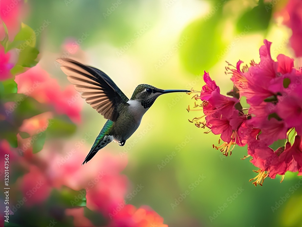 Fototapeta premium Hummingbird hovering near vibrant rhododendron blossoms in soft light