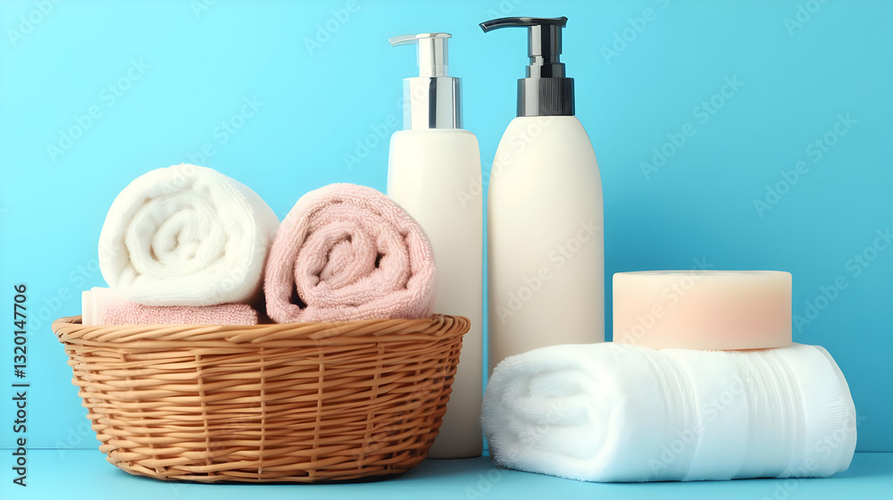 Spa Products and Rolled Towels in Wicker Basket on Blue Background Spa Products and Rolled Towels in Wicker Basket on Blue Background
