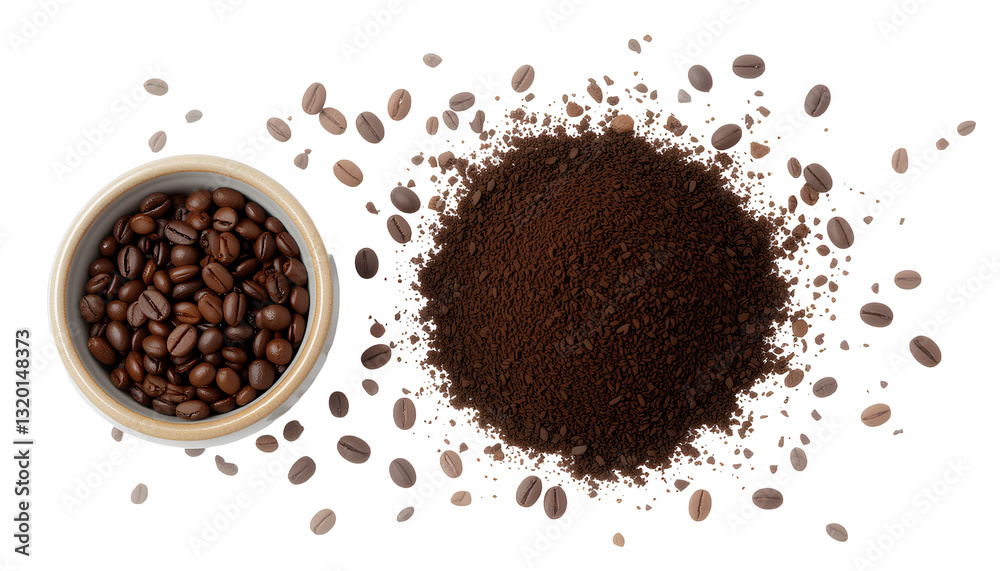 A close-up of whole coffee beans in a bowl and ground coffee scattered nearby A close-up of whole coffee beans in a bowl and ground coffee scattered nearby
