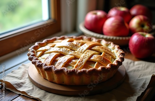 rustic apple pie with lattice crust, kitchen windowsill, dessert menu