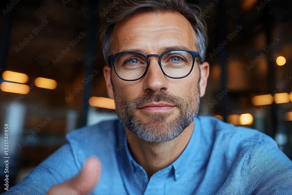Caucasian businessman in glasses engaged in video call conference in modern office settings Caucasian businessman in glasses engaged in video call conference in modern office settings