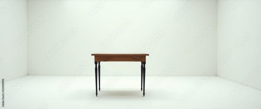 Fototapeta premium A wooden table is positioned against a white background, supported by black metal legs.