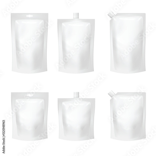 White Stand-Up Pouch Mockup Set with Various Closures Vector