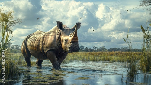 Majestic white rhinoceros in a swampy habitat.  A powerful, large rhino strolls through a shallow marsh, surrounded by tall grasses and a cloudy sky.  