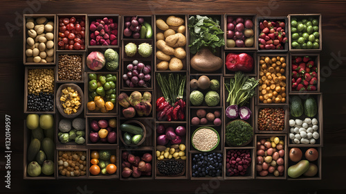 A Colorful Array of Fresh Produce: A curated collection of fresh fruits and vegetables is arranged in rustic wooden crates, an eye-level view showcases a diverse and colorful arrangement.