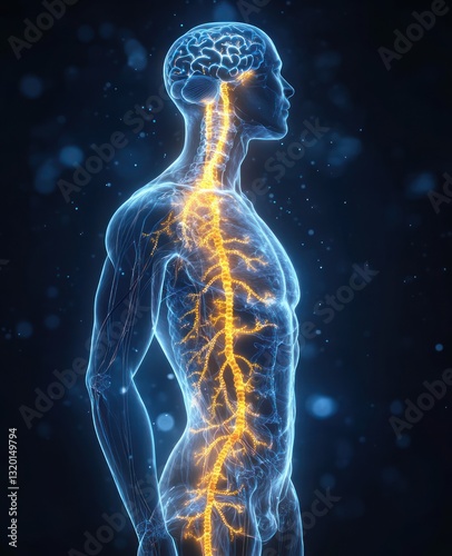 Human Nervous System Illustration with Vagus Nerve Lungs Heart Stomach and Digestive Tract