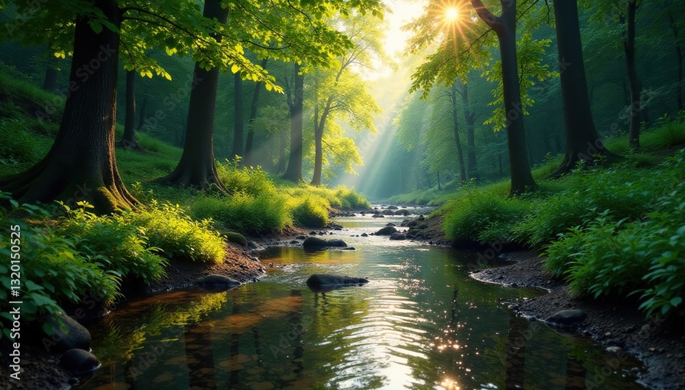 Fototapeta premium Clear stream meanders through dense forest, sunlight filtering through canopy , green, wildlife