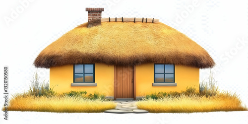 3D Render of a Yellow Thatched-Roof Cottage nestled in Tall Grass