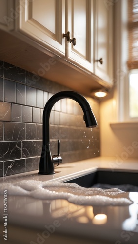 Kitchen sink close-up featuring white cabinets, small black marble subway tile backsplash, and a black faucet.