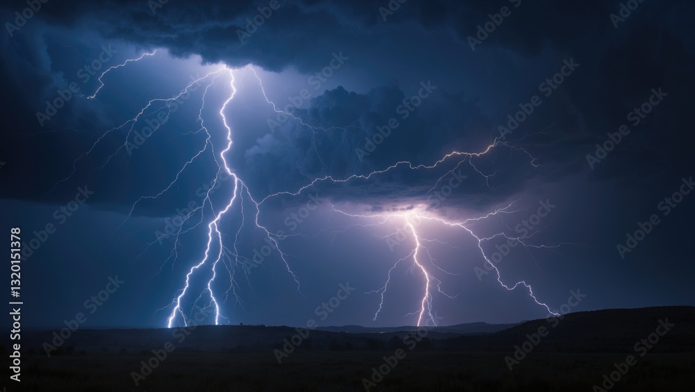 Fotografie Thunderstorms filled with lightning illuminated the night sky.