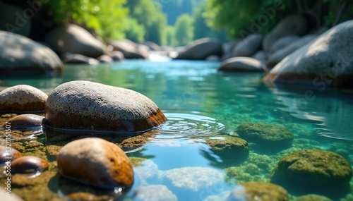 Smooth, submerged river stones, crystal clear water, submerged, pebbles, shadow