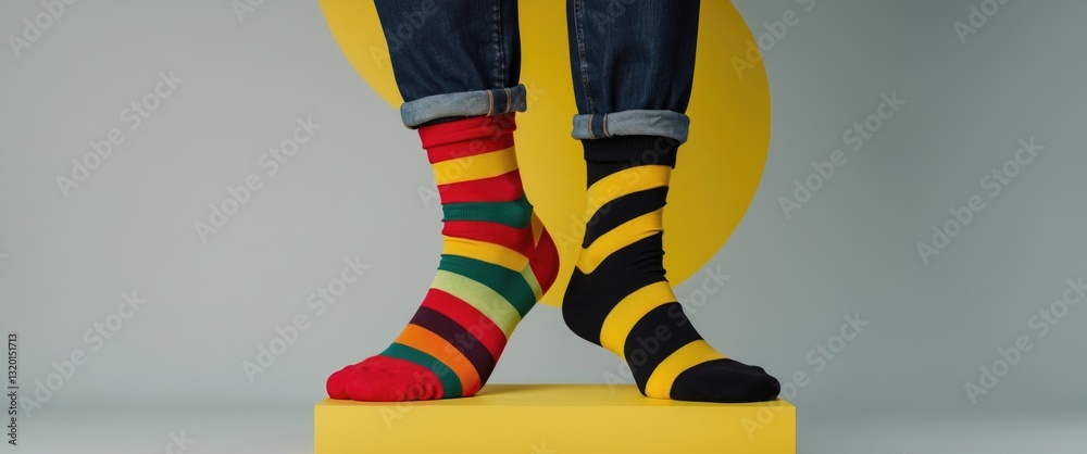 Legs adorned with various striped socks against a backdrop featuring copy space. Awareness concept.