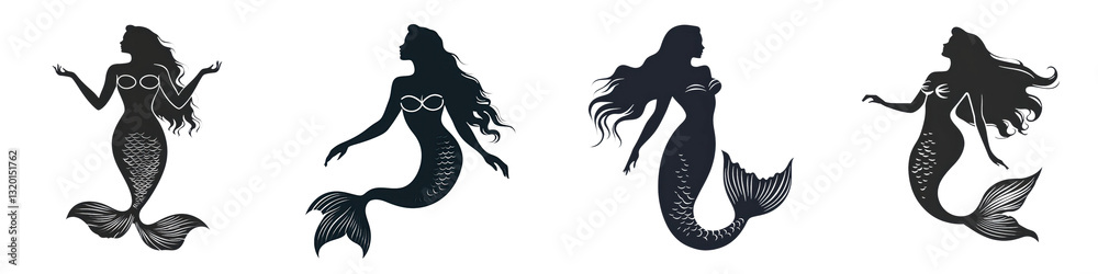 Mysterious Mermaid Silhouettes Swimming in the Enchanting Ocean with Magical Waves and Reflections Representing Fantasy Mythology and the Beauty of the Underwater World