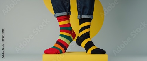 Obraz na płótnie Legs adorned with various striped socks against a backdrop featuring copy space. Awareness concept. w salonie