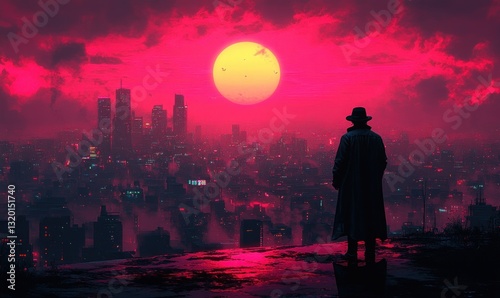 Private Detective Investigation in Noir Style Cyberpunk Cityscape Retro Spy Mystery Concept