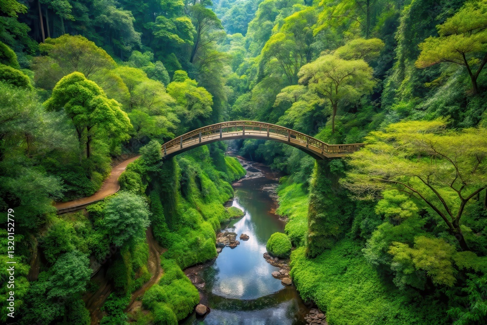 Serene arched bridge spanning a lush green valley, a tranquil river meanders below, surrounded by vibrant foliage and winding pathways Serene arched bridge spanning a lush green valley, a tranquil river meanders below, surrounded by vibrant foliage and winding pathways