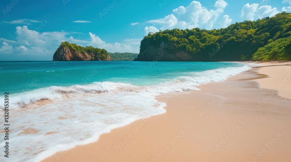 Paradise Coastline: Captivating view of a tropical beach, featuring crystal-clear turquoise waters gently caressing the soft, golden sands. Paradise Coastline: Captivating view of a tropical beach, featuring crystal-clear turquoise waters gently caressing the soft, golden sands.