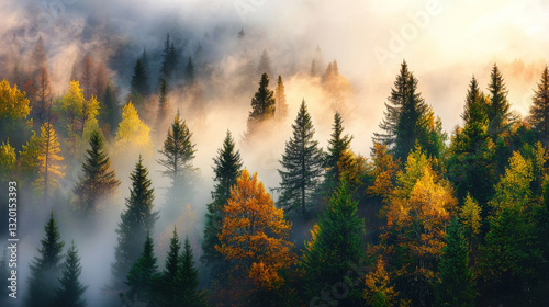 Majestic forest landscape with mist and vibrant autumn foliage