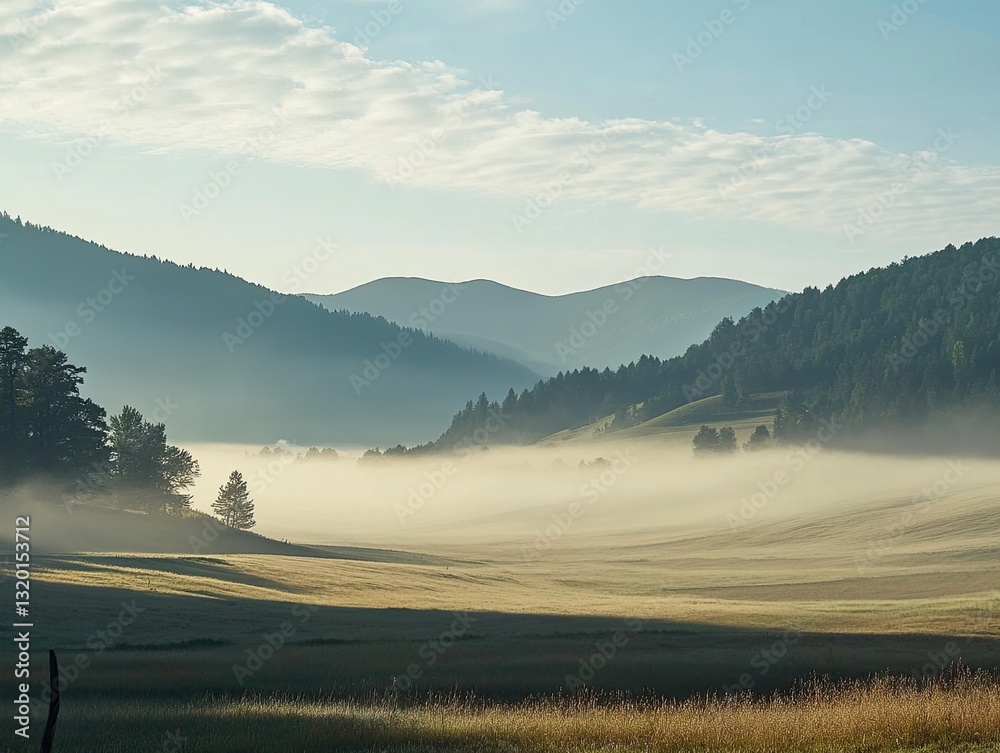 Fototapeta premium Ethereal mountain landscape enveloped in morning mist and diffused light