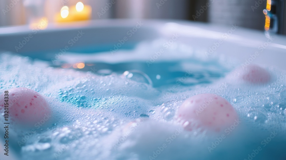 Fototapeta premium Relaxing bath with scented bubbles and ambient candle lighting scene