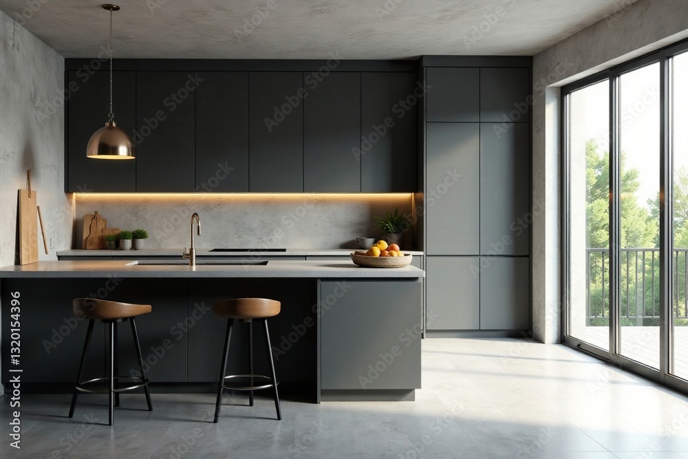 Obraz premium Sleek gray kitchen corner, modern bar seating , metal, upscale